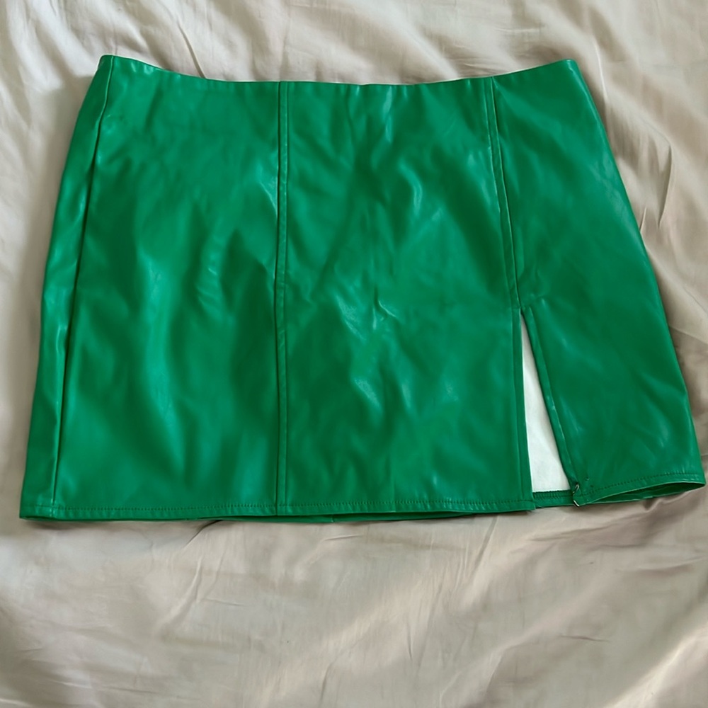 Green Pleather mini skirt with slit